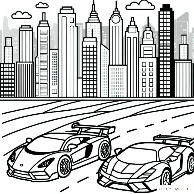 Dessine une grande course de voitures à travers la ville avec des voitures de sport de différentes formes et couleurs.