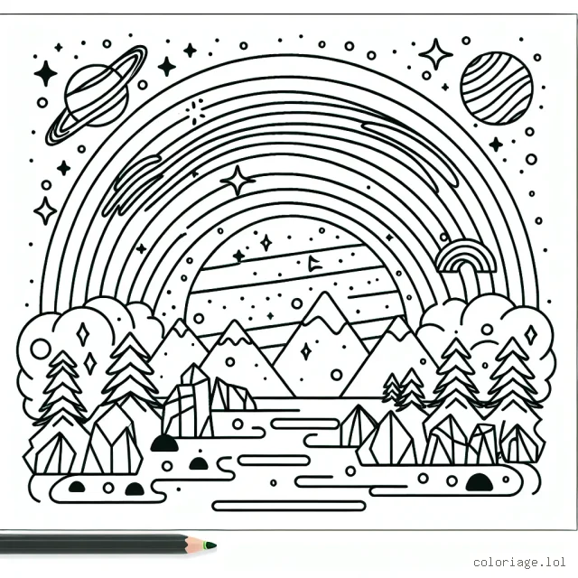 Imaginer un tranquil exoplanète avec une forêt arc-en-ciel, des montagnes de cristal et un ciel plein de comètes.