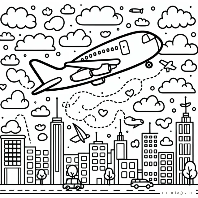 Un avion survolant une ville animée avec diverses formes de nuages dans le ciel.