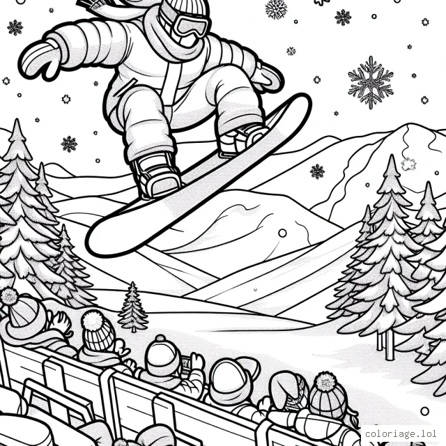 Dépeignez une scène passionnante mettant en vedette un snowboarder effectuant un saut exaltant à grande vitesse sur une piste de montagne enneigée, alors que des spectateurs enthousiastes le suivent depuis la zone de spectateurs en bas.
