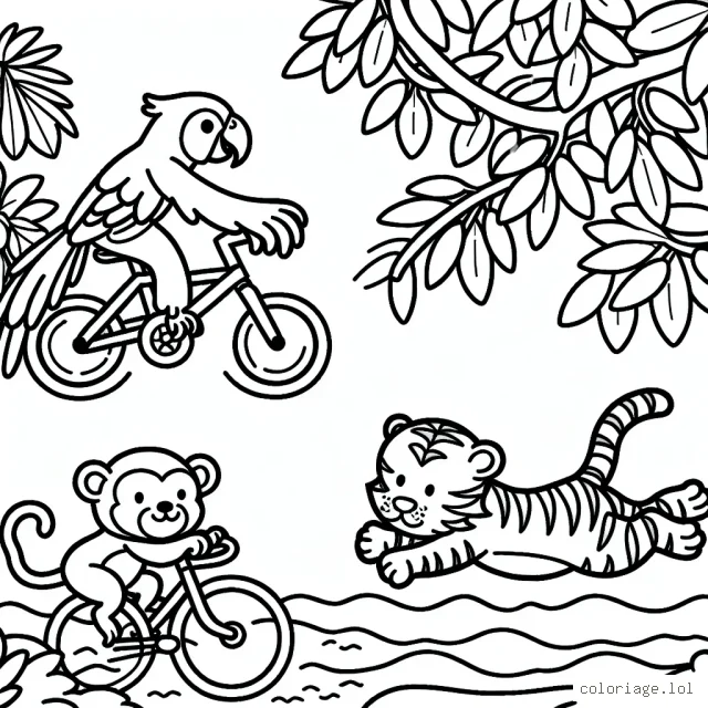 Imagine un triathlon d'animaux dans la jungle. Dessine un perroquet faisant du vélo, un tigre sautant au-dessus d'une rivière et un singe grimpant dans un arbre.