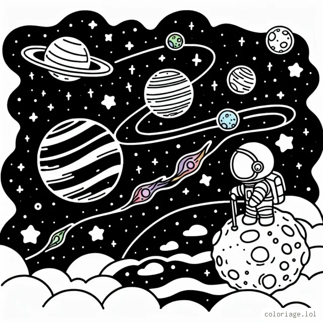 Un petit astronaute debout sur une comète voyageant à travers une galaxie étoilée, aperçoit des planètes multicolores à l'horizon.