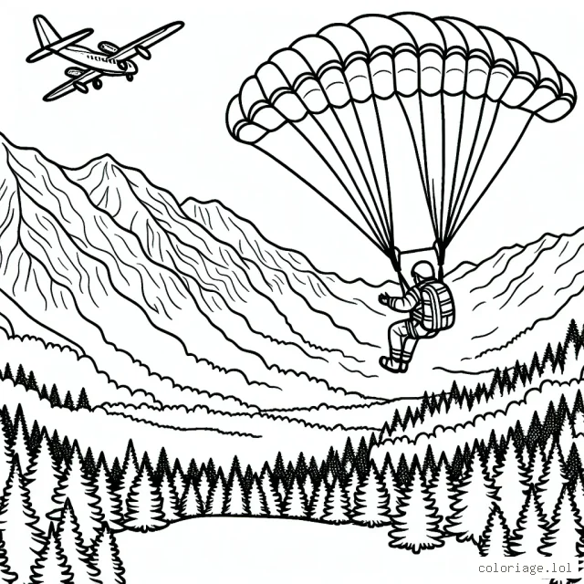 Dessine un parachutiste s'élançant d'un avion, avec des montagnes enneigées en arrière-plan et une forêt dense juste en dessous de lui.