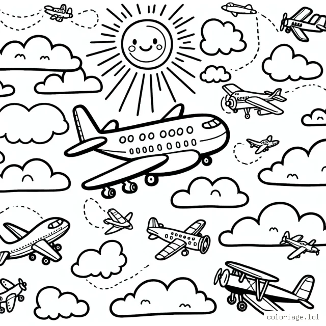 Imaginez un ciel rempli d'avions de toutes sortes volant dans toutes les directions ; des avions de chasse zippant, des avions des lignes commerciales volant paisiblement et des biplans virevoltant. Les avions dans le ciel sont accompagnés par des nuages où les enfants peuvent montrer leur créativité avec des couleurs variées. Ajoutez à cela, un soleil souriant et donnant des teintes dorées aux avions.