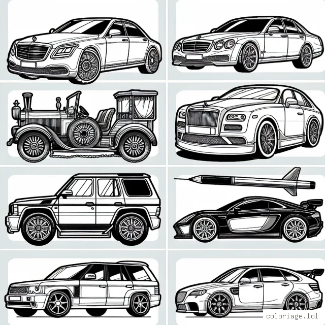 Dessine et colorie différentes voitures par marque : une majestueuse Mercedes, une belle BMW, une aventurière Audi, une révolutionnaire Renault et une fascinante Ferrari.