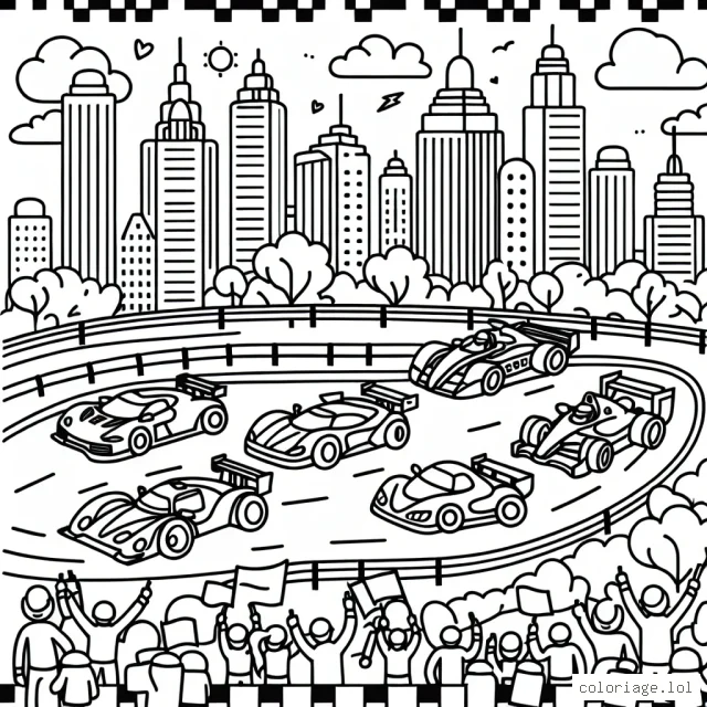 Dessine une course de voitures de sport en pleine ville, avec des immeubles autour et des supporters qui encouragent les pilotes. Sûr l'autoroute, il y a plusieurs voitures de différentes formes et tailles participant au grand prix. N'oublie pas de colorier le ciel, les odeurs des immeubles, les spectateurs et les décorations de la course.