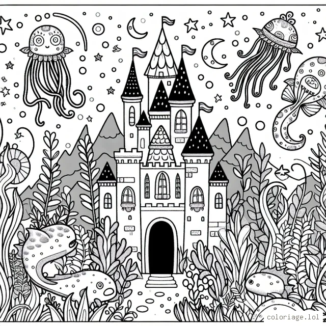 Un château fantastique sous-marin entouré de la faune et la flore aquatique mystérieuse