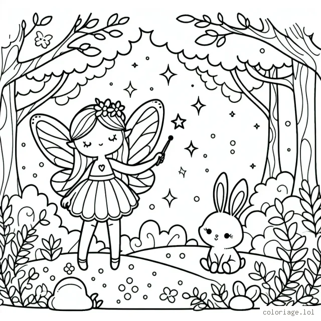 Dessine une petite fée dans une forêt enchantée, avec un animal de compagnie magique à ses côtés.