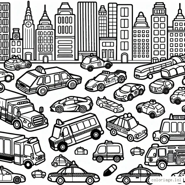 Un grand défilé de voitures de toutes sortes grouillant dans une ville animée. Les véhicules incluent une gamme de voitures de sport racées, de vieilles voitures classiques, de camionnettes colorées, de voitures de police et de pompiers, sans oublier les taxis jaunes iconiques.