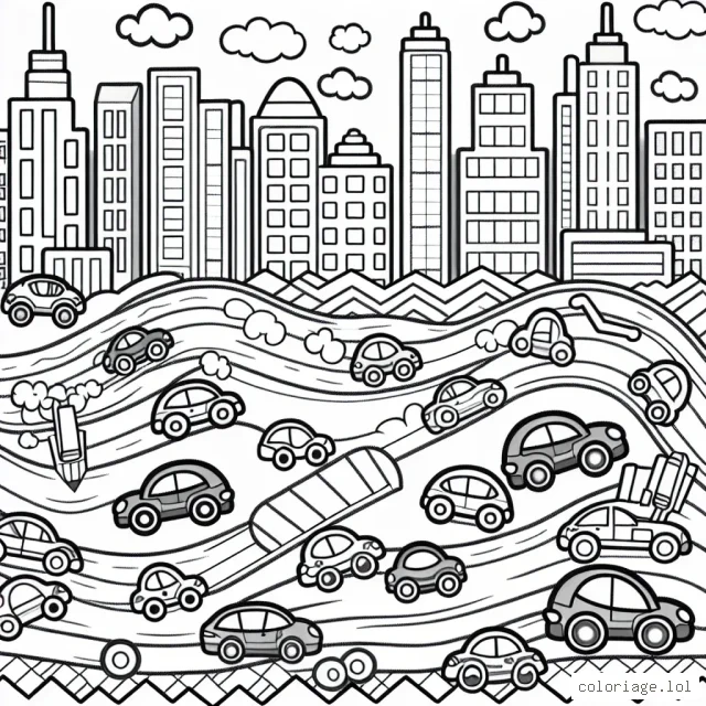 Dessinez une course effrénée de voitures colorées se déroulant sur une piste en zigzag dans une ville animée.