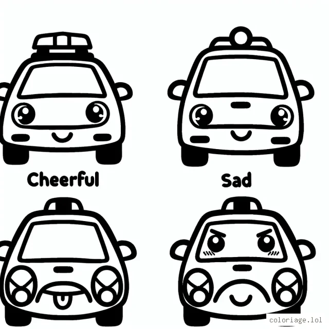 Imagine un monde où les voitures ont des personnalités et des expressions uniques. Dessine une voiture joyeuse, une voiture triste, une voiture excitée et une voiture en colère.