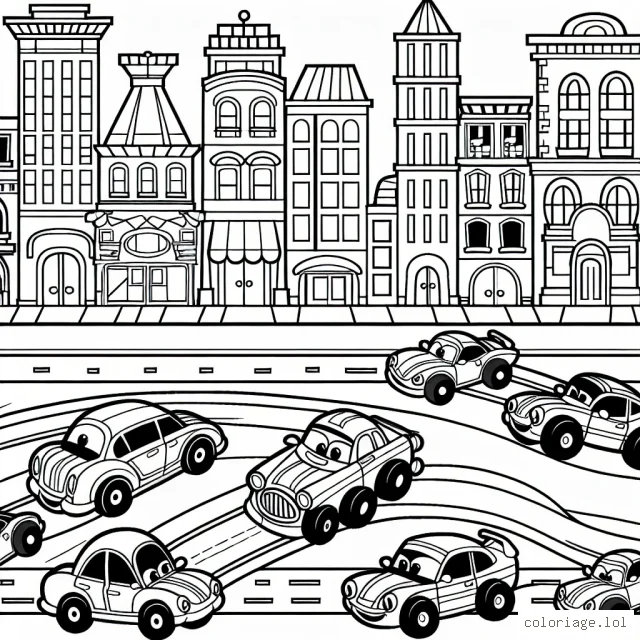 Une course de voitures animées traversant la ville animée
