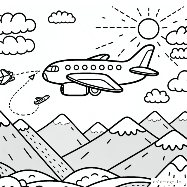 Un avion volant dans le ciel avec des montagnes en arrière-plan, comportant des passagers à l'intérieur, tandis que le soleil se couche à l'horizon