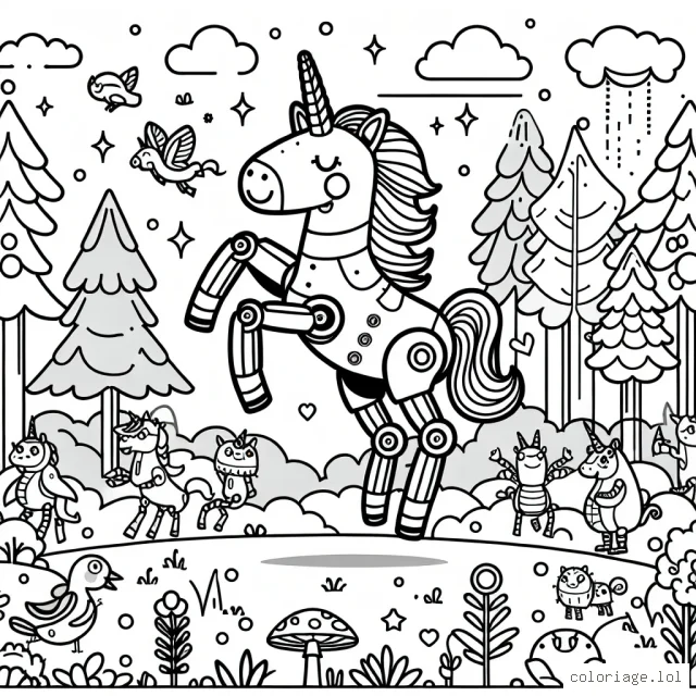 Dessine un robot unicorn en train de gambader dans une forêt enchantée remplie de créatures imaginaires.
