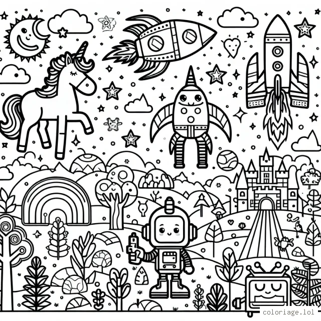 Crée un coloriage pour enfant aléatoire, varié et inventif à partir des mots suivants : licorne, fusée, jungle, château, robot.