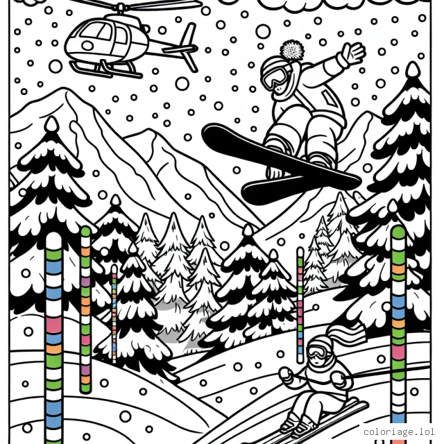 Votre mission est de créer un paysage de montagne enneigée avec un snowboardeur en train de faire un saut incroyable par dessus une falaise. Il y a un hélicoptère en arrière-plan et des arbres recouverts de neige partout. À côté du snowboarder, dessine un skieur effectuant un slalom entre des poteaux de couleur.