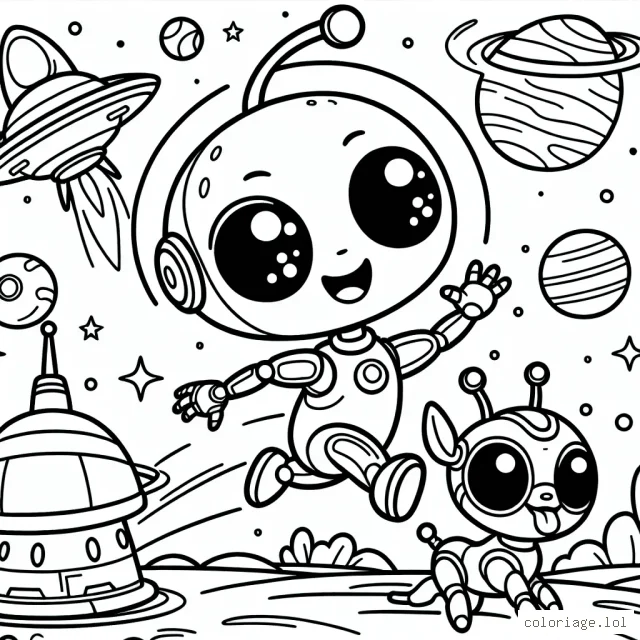 Un petit extraterrestre sympathique joue avec son chien robotique dans un paysage futuriste rempli de vaisseaux spatiaux et de planètes colorées.