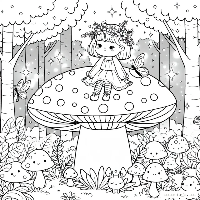 Une petite fille assise sur un grand champignon magique au milieu d'une forêt enchantée, entourée de petits animaux de la forêt et de fées scintillantes.