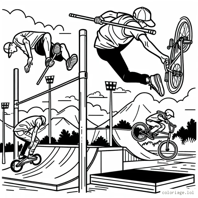 Un scénario de sports extrêmes comprenant du saut à la perche, du skateboard et du BMX