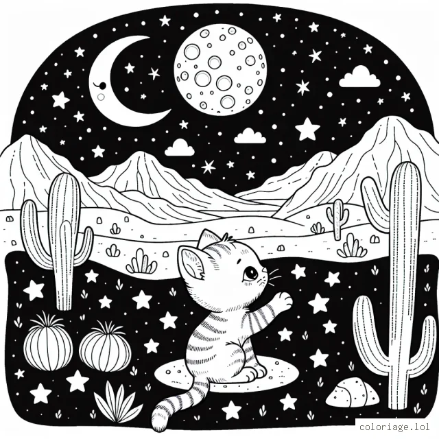 Une nuit étoilée dans le désert avec un petit chat jouant avec la lune