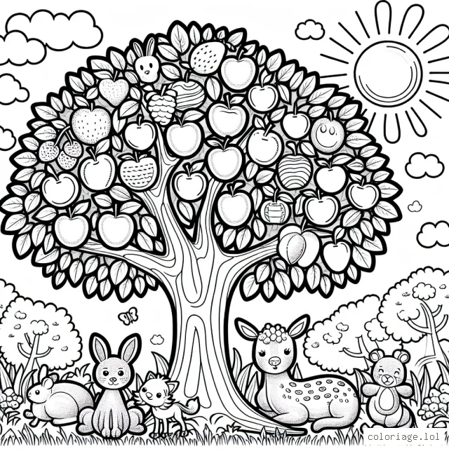 Imagine un arbre serein plein de fruits divers et des animaux amusants nichés dans ses branches robustes, le soleil levant dessine des ombres douces sur l'herbe verte autour de l'arbre.