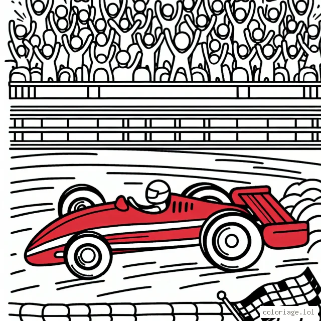 Dessine et colorie une voiture de course rouge rapide sur la piste avec des gradins remplis de supporters enthousiastes au fond.