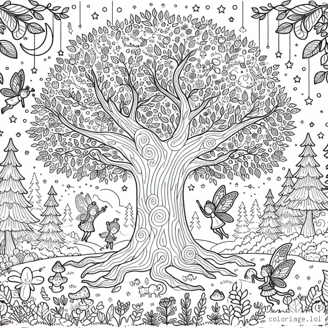 Un arbre ancestral magique dans une forêt enchantée entouré de petits animaux de la forêt et des fées qui jouent ensemble.