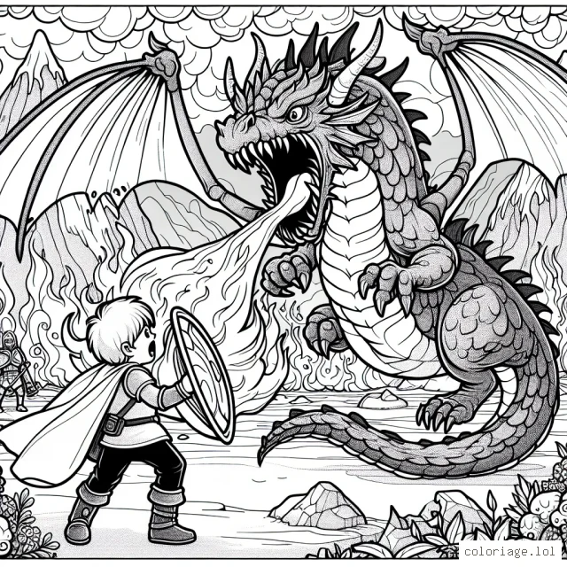 Un petit garçon se tient courageusement devant un dragon féroce dans un paysage fantastique. Le dragon souffle du feu, et le garçon tient un bouclier pour se protéger du feu. Crée une scène pleine de couleurs vives et éclatantes.