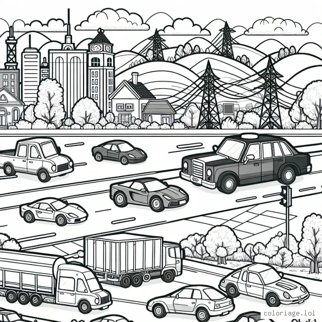 Une collection de voitures diverses et variées avec des paysages urbain et campagnard en arrière-plan que les enfants peuvent colorier.
