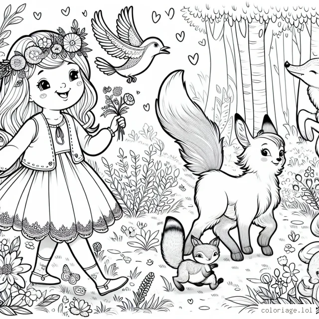 C'est une belle journée printanière et une adorable petite fille décide de faire une promenade dans une forêt enchantée pleine de créatures magiques. Elle croise un doux lapin, un renard souriant, un oiseau chantant une mélodie douce et même une licorne à la crinière brillante. Il y a aussi de jolies fleurs à colorier tout autour.