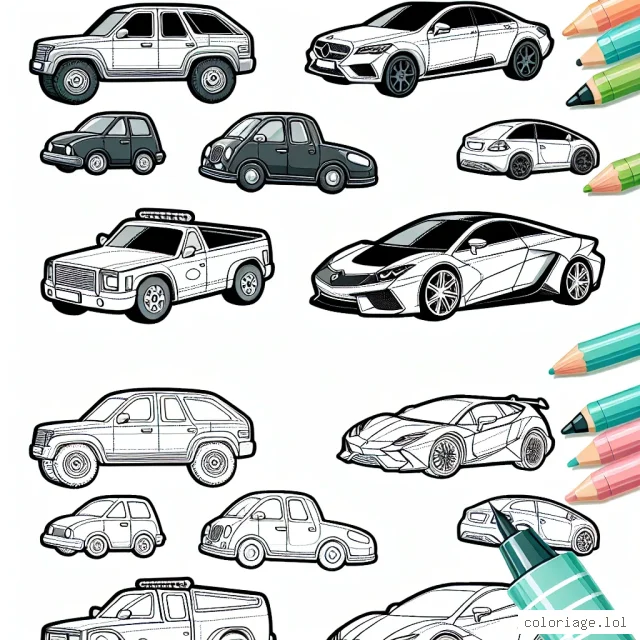 Des voitures de différentes marques sont alignées. Leurs contours détaillés sont prêts à être coloriés par vos soins. Identifiez chaque marque et apportez-y de la couleur !