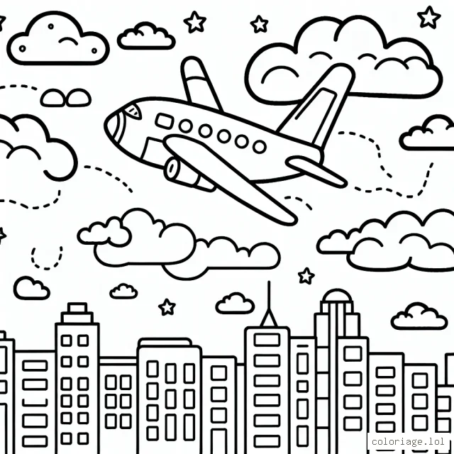 Dessine un avion survolant la ville, avec des nuages dans le ciel et des bâtiments en dessous