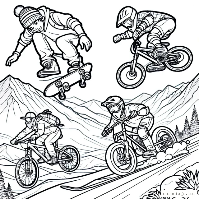 Quel coloriage passionnant et actif! Dessine un skateboarder effectuant un saut audacieux sur une rampe, un motard de descente sur une piste de montagne rocheuse, et un snowboarder qui déboule en dévalant une pente enneigée!