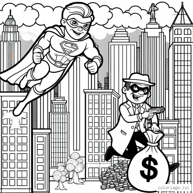 Un Super-Héros vole à travers une ville animée avec des gratte-ciel colorés et aperçoit un vilain voler un sac d'or d'une banque. Le Super-Héros doit arrêter le voleur et sauver l'or.