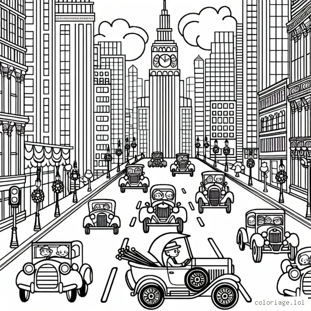 Parade de voitures vintage dans une ville animée