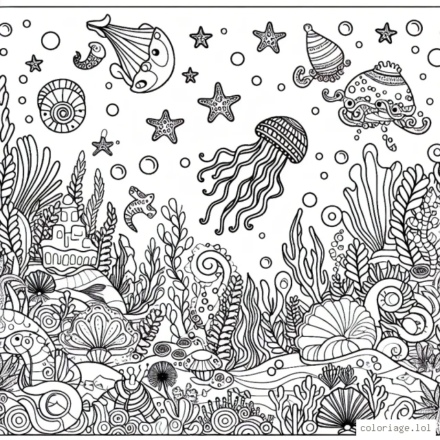 Un monde sous-marin fantastique avec des créatures marines amusantes et des plantes aquatiques colorées.