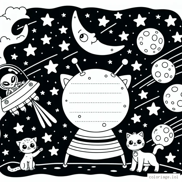 Un petit extra-terrestre sympathique et son vaisseau spatial sur la lune, accompagné de chatons jouant avec les étoiles filantes