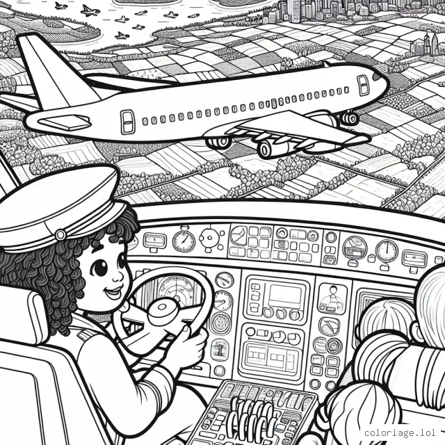 Un avion commercial survolant la campagne, la mer et la ville, avec un pilote dans le cockpit et des enfants voyageurs à bord.