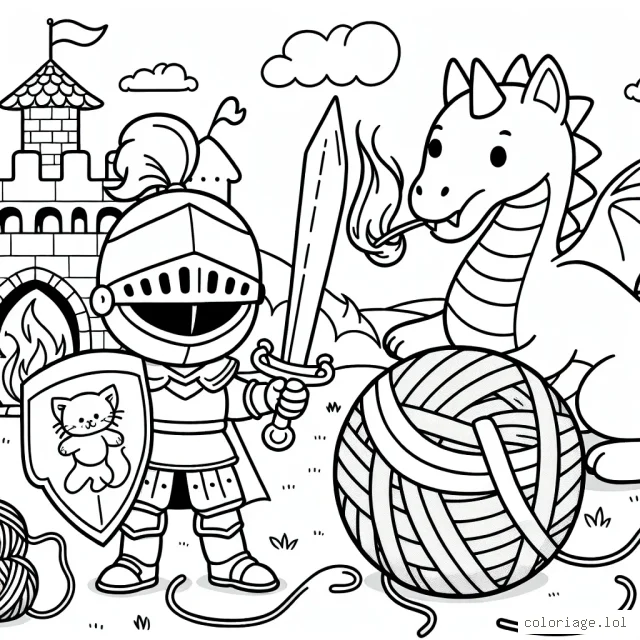Un courageux chevalier protège son château contre un dragon crachant du feu, tandis qu'un joli chaton joue avec une grosse pelote de laine dans la cour du château.
