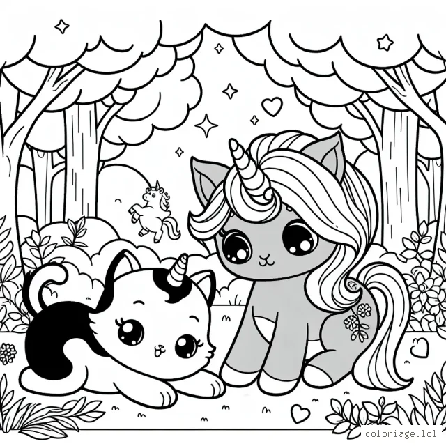 Un chaton mignon joue avec une licorne dans la forêt enchantée