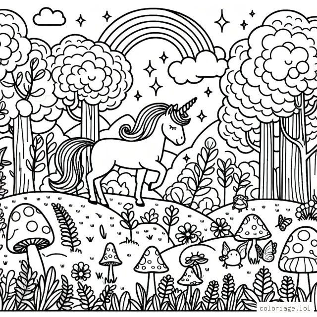 Fais de la place à ta créativité et colorie le paysage fantastique de la forêt enchantée peuplée de licornes magiques et les petits gnomes qui vivent dans les champignons.
