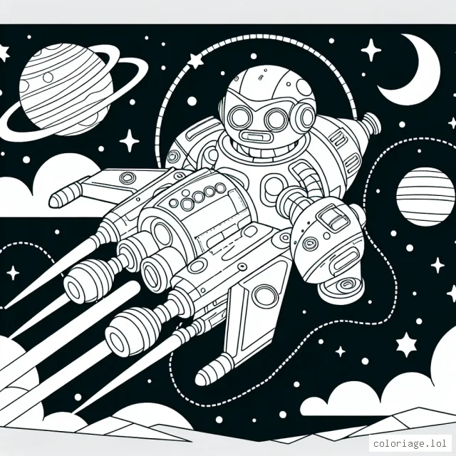Imagine un superbe robot qui vole dans l'espace avec une planète lointaine en arrière-plan.