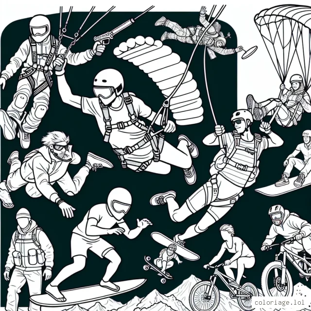 Dans ce dessin, nous voyons des athlètes effectuer divers sports extrêmes tels que le saut à l'élastique, le parachutisme, le BMX, le skateboard, le surf, l'escalade et la planche à neige. Tous les athlètes sont en action afin que vous puissiez leur donner vie avec des couleurs vives.
