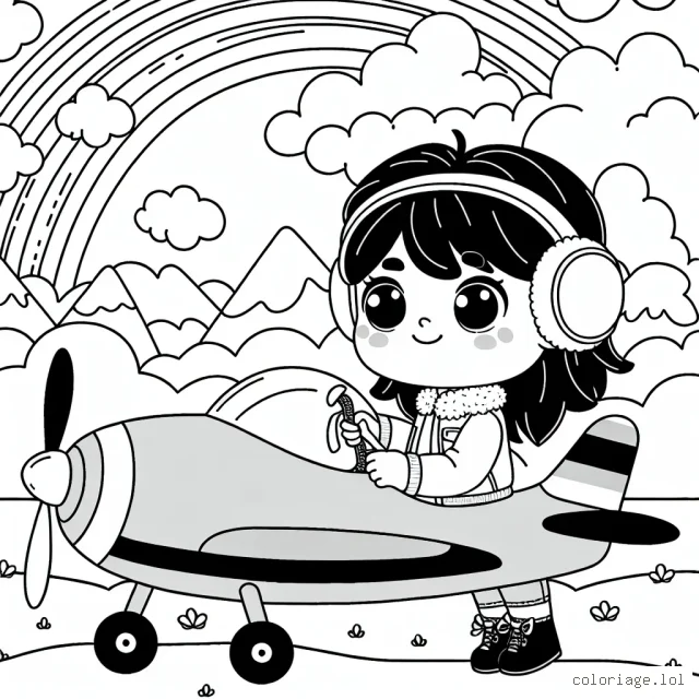 Un jeune pilote se prépare à décoller avec son avion à hélices coloré. De larges nuages flottent dans le ciel et des montagnes enneigées sont visibles en arrière-plan. Un arc-en-ciel apparaît au loin.