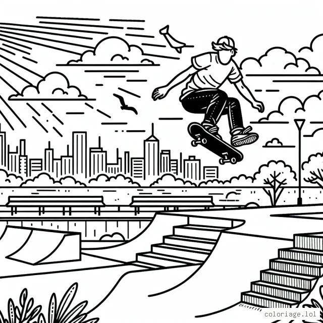 Un skateur faisant une acrobatie incroyable tout en haut d'une rampe dans un skatepark urbain. Il y a des nuages au-dessus et le soleil commence à se coucher, créant un ciel coloré.