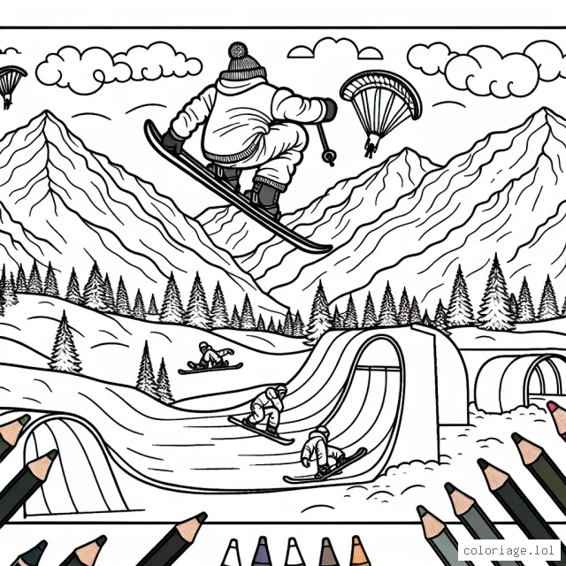 Imagine un dessin détaillé représentant un skieur en plein saut acrobatique sur une montagne neigeuse, avec des montagnes et un ciel en arrière-plan. Il y a aussi des snowboarders qui font des figures dans un demi-tube à proximité. De plus, tu peux voir des parapentistes dans le ciel au-dessus de la scène. Le dessin s'efforce de charmer l'enfant dans l'aventure et le frisson des sports extrêmes.