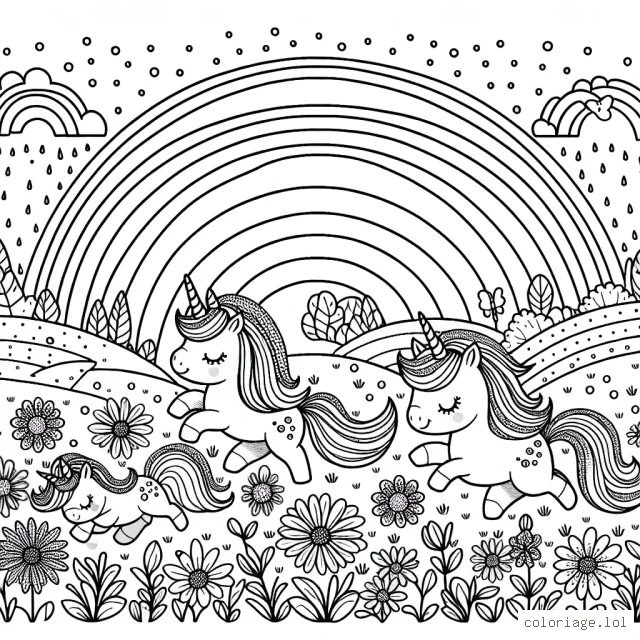 Imagine un groupe de licornes qui jouent dans un champ de fleurs sous un arc-en-ciel. Essaye de rendre cette scène aussi colorée que possible.