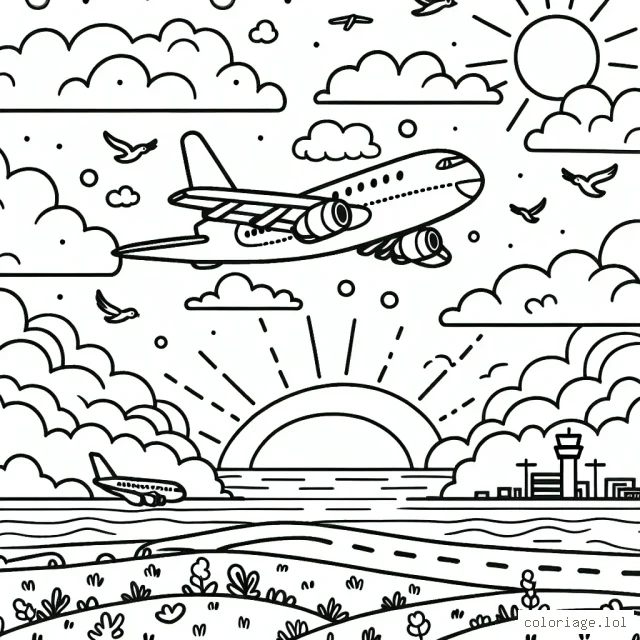 Un grand avion volant haut dans le ciel parmi les nuages colorés, avec des oiseaux autour, et le coucher du soleil à l'horizon. Il y a aussi un aéroport en vue avec d'autres avions plus petits dessus.