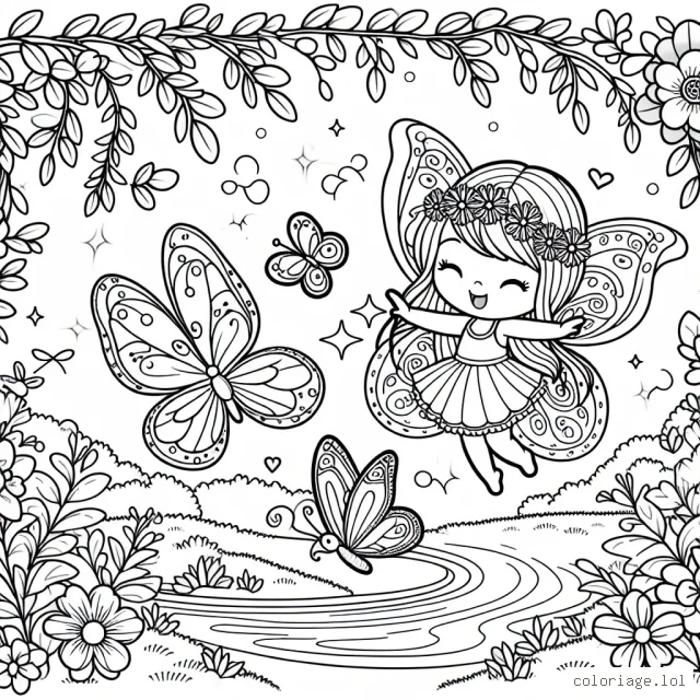Au milieu d'une clairière enchantée, un fée à petite échelle joue avec ses amis les papillons. Ils sont entourés de belles fleurs et d'une petite rivière scintillante qui coule doucement à leur côté.