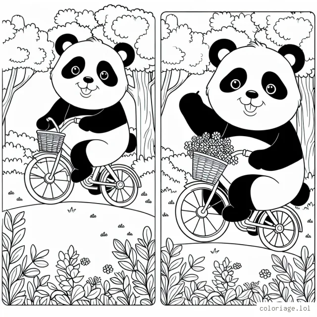 Un panda géant faisant du vélo dans un jardin luxuriant